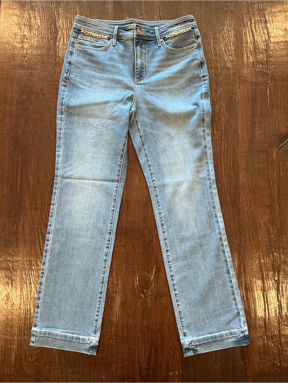 NYDJ Marilyn Straight High Rise Gold Chain Jeans Bastille Sea Size 10